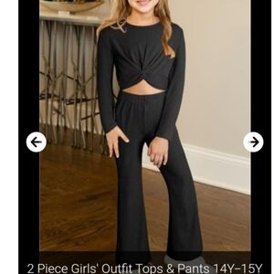 Girls Black Ribbed 2 Piece Set Twist Front Crop Top and Flare Pants Size 14Y-15Y